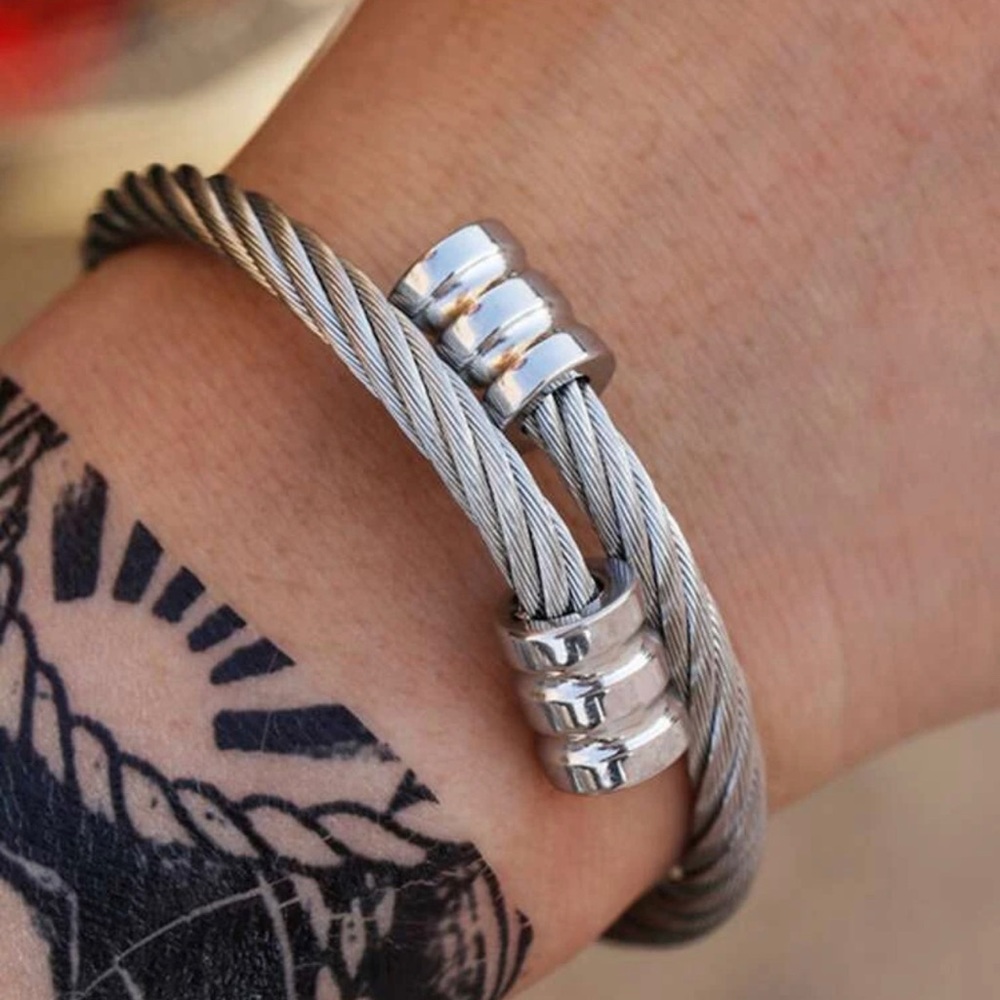 Men’s Stainless Steel Adjustable Rope Twist Cuff Bracelet